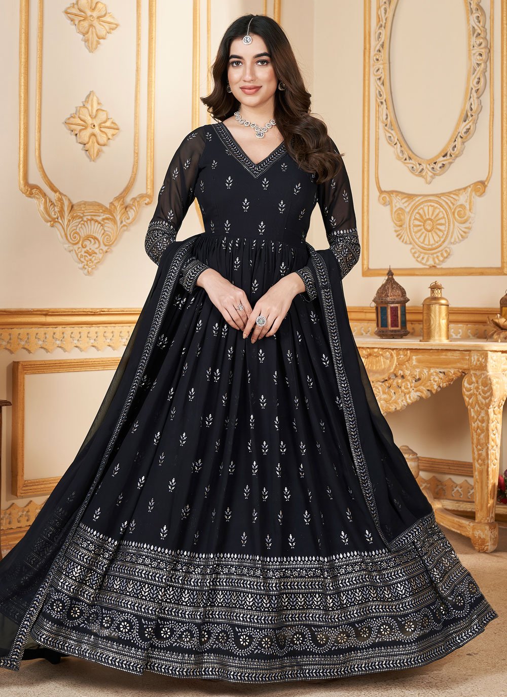 Adorable Faux Georgette Foil Work Readymade Anarkali Gown In Navy Blue