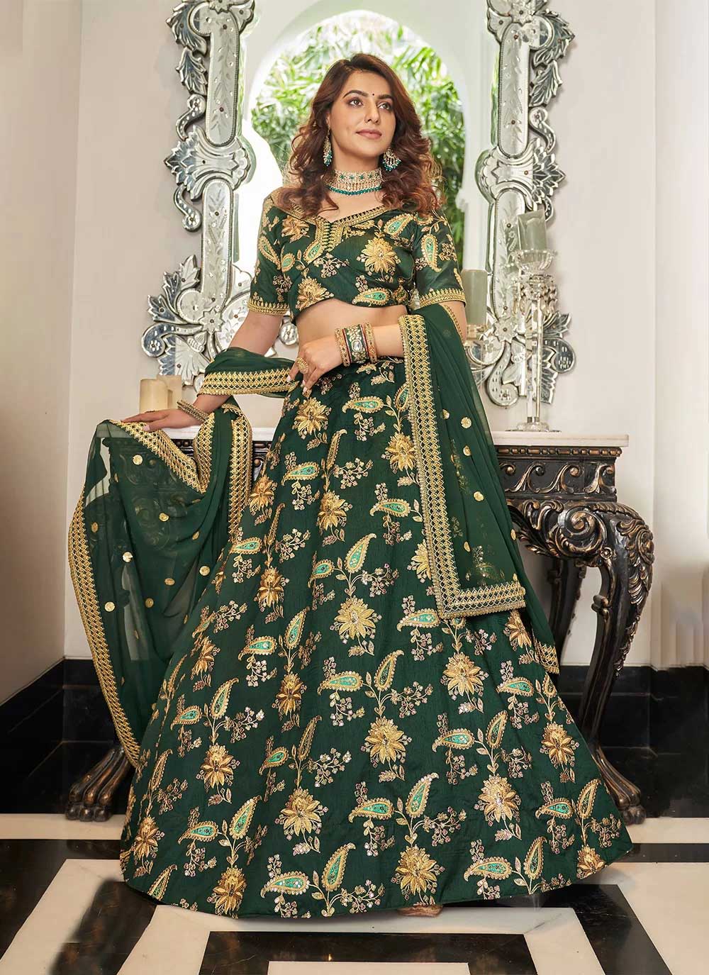 Adorable Green Art Silk Sequins Work engagement Wear Lehenga choli