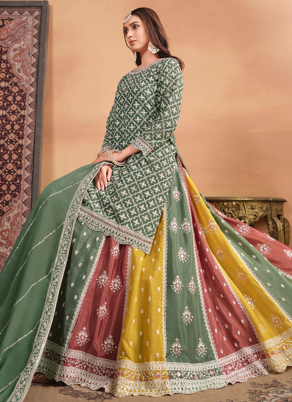 Adorable Green Chinon Heavy Embroidered Ethnic Lehenga Choli