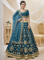 Adorable Sequins Embroidered Art Silk Lehenga in Teal Blue