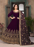 Adorable Wine Faux Georgette Embroidered Long Anarkali Suit