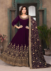 Adorable Wine Faux Georgette Embroidered Long Anarkali Suit