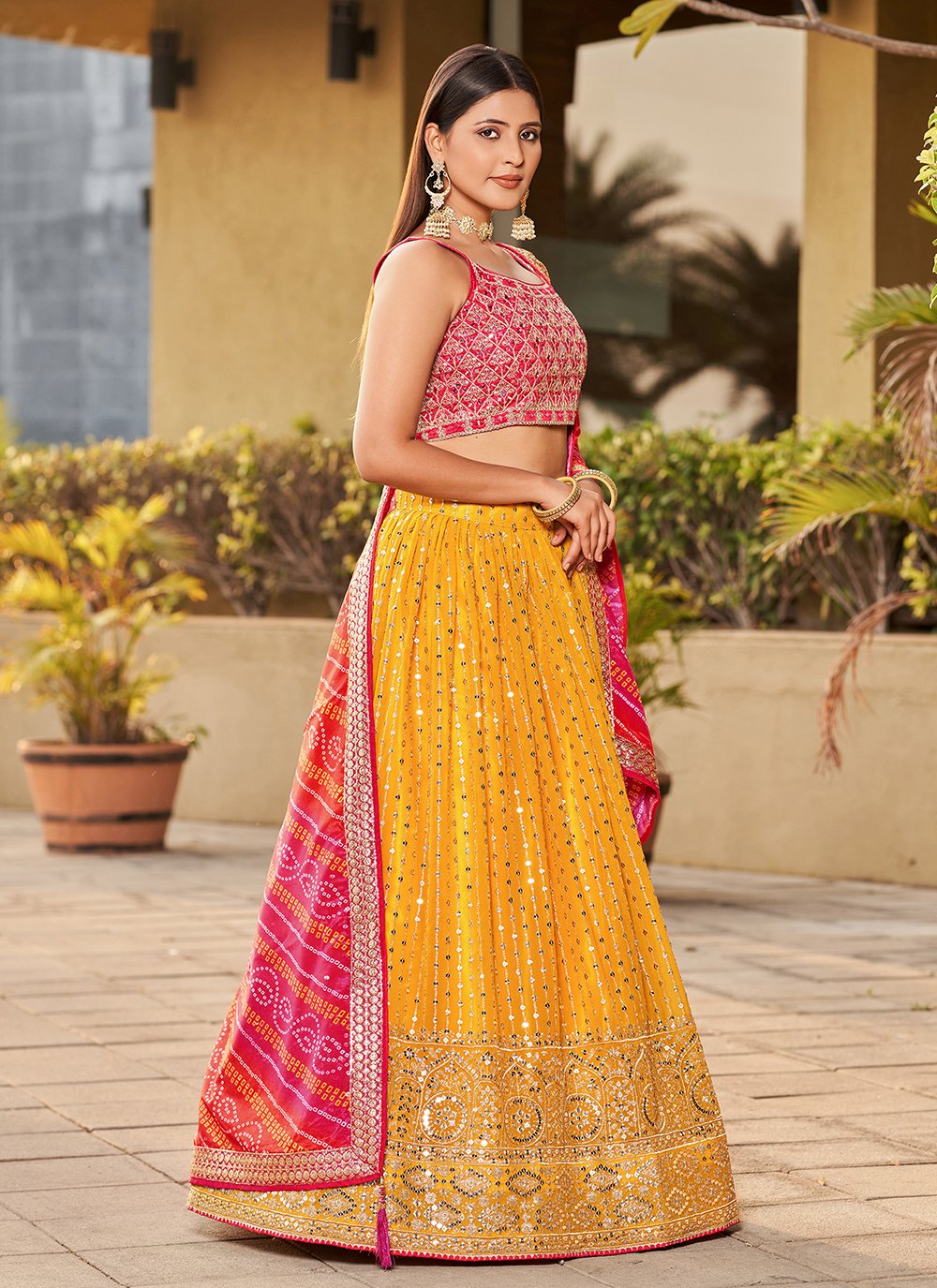 Adorable Yellow Georgette Sequins and Mirror Work Indian Ethnic Lehenga