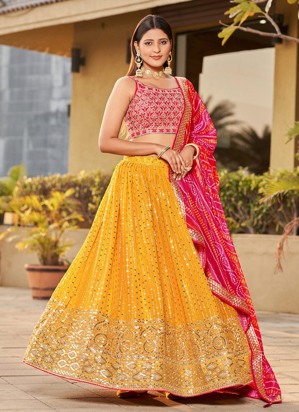 Adorable Yellow Georgette Sequins and Mirror Work Indian Ethnic Lehenga