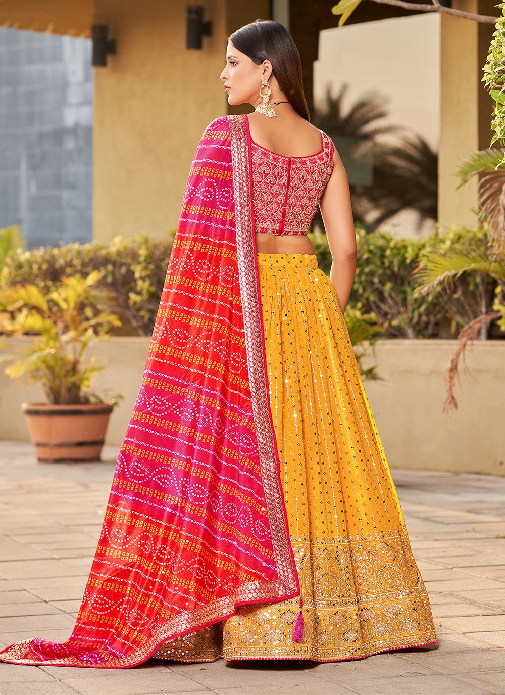 Adorable Yellow Georgette Sequins and Mirror Work Indian Ethnic Lehenga