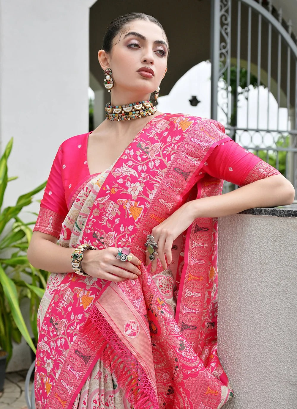 Pink Banarasi silk Patola saree with Ajrakh zari weaving