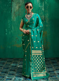 Alluring green pure satin handloom saree with matching blouse
