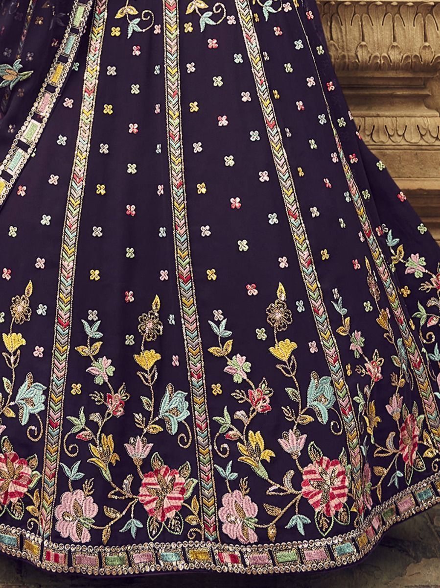 Amazing Purple Thread Embroidered Georgette Lehenga Choli For Indian Wedding