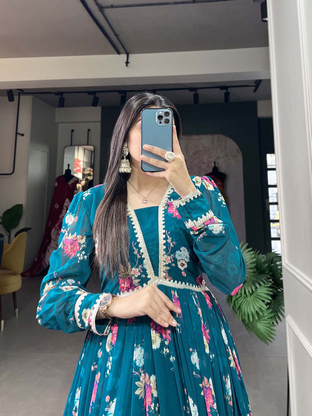 Firozi Color Floral Print With Lace Border Georgette Dress