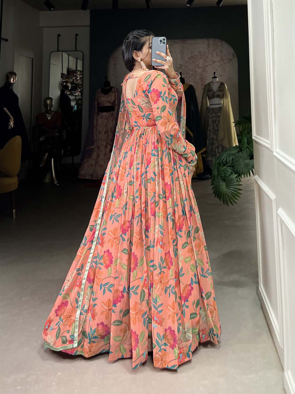 Peach Color Floral Print With Lace Border Georgette Gown