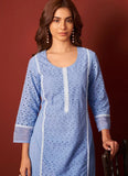 Elegant Aqua Blue Schiffli Cotton Kurta Set with Dupatta