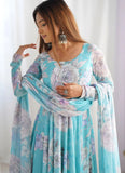 Aqua Blue Floral Printed Anarkali Gown