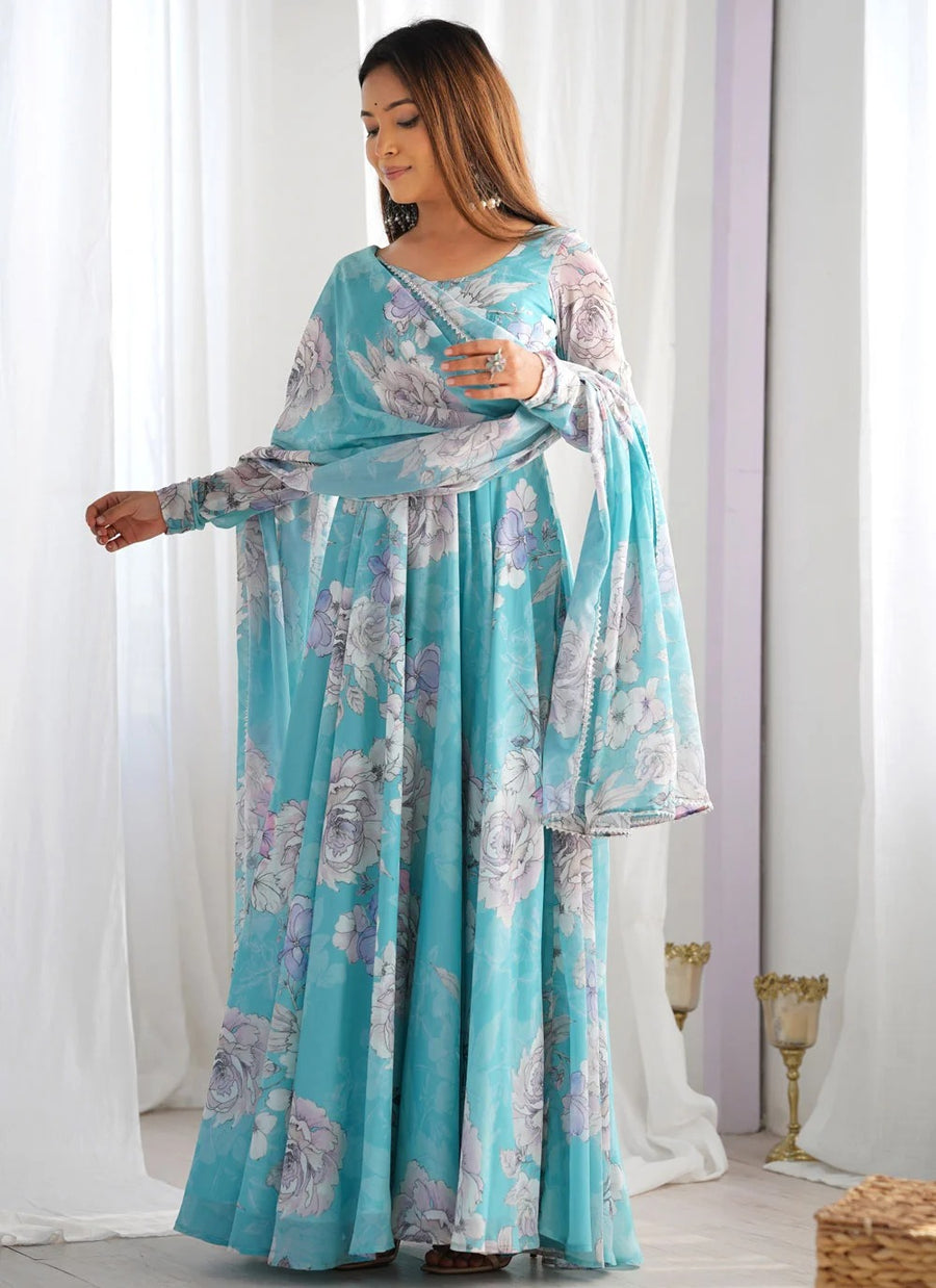 Aqua Blue Printed Georgette Anarkali Gown for Women