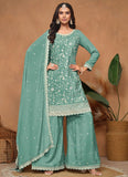 Aqua Blue Sequins Embroidered Ethnic Palazo Suit In Chinon