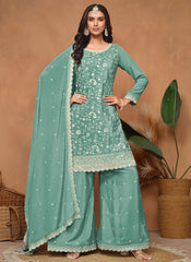 Aqua Blue Sequins Embroidered Ethnic Palazo Suit In Chinon