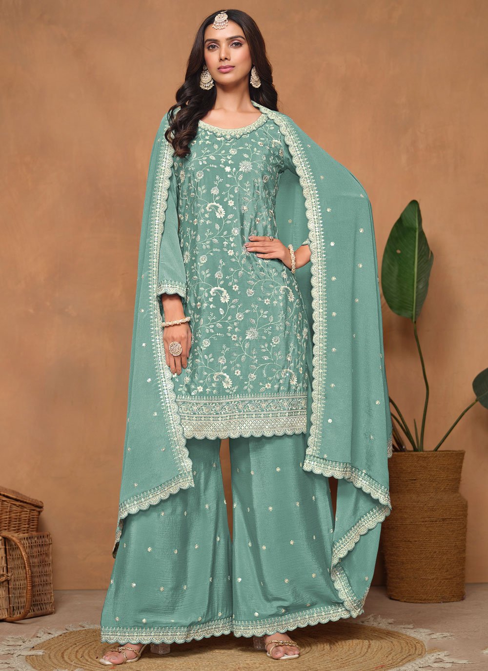 Aqua Blue Sequins Embroidered Ethnic Palazo Suit In Chinon