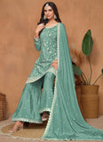Aqua Blue Sequins Embroidered Ethnic Palazo Suit In Chinon