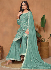 Aqua Blue Sequins Embroidered Ethnic Palazo Suit In Chinon