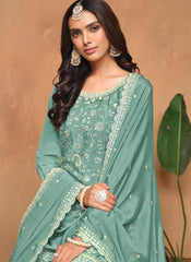 Aqua Blue Sequins Embroidered Ethnic Palazo Suit In Chinon