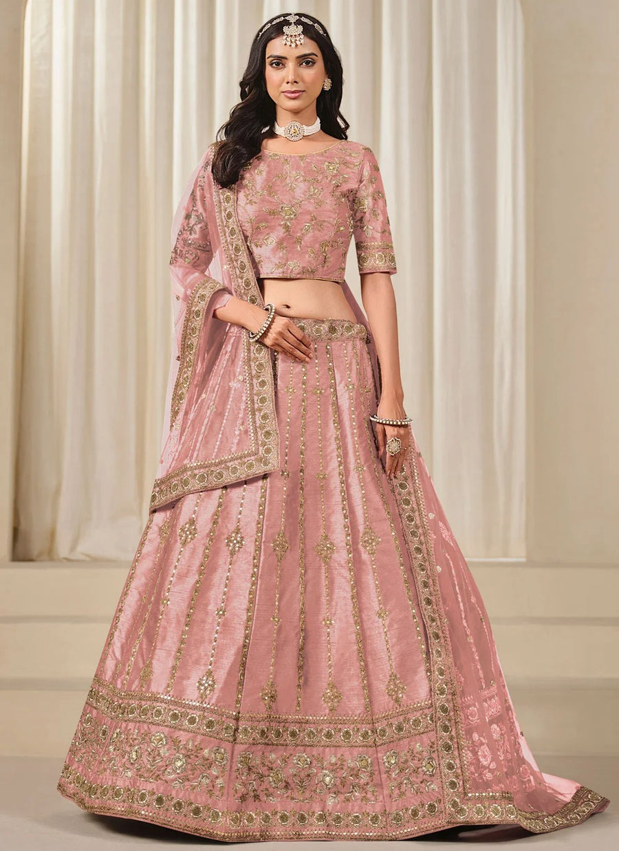 Baby Pink Reception Lehenga in Art Silk with Embroidered Dupatta