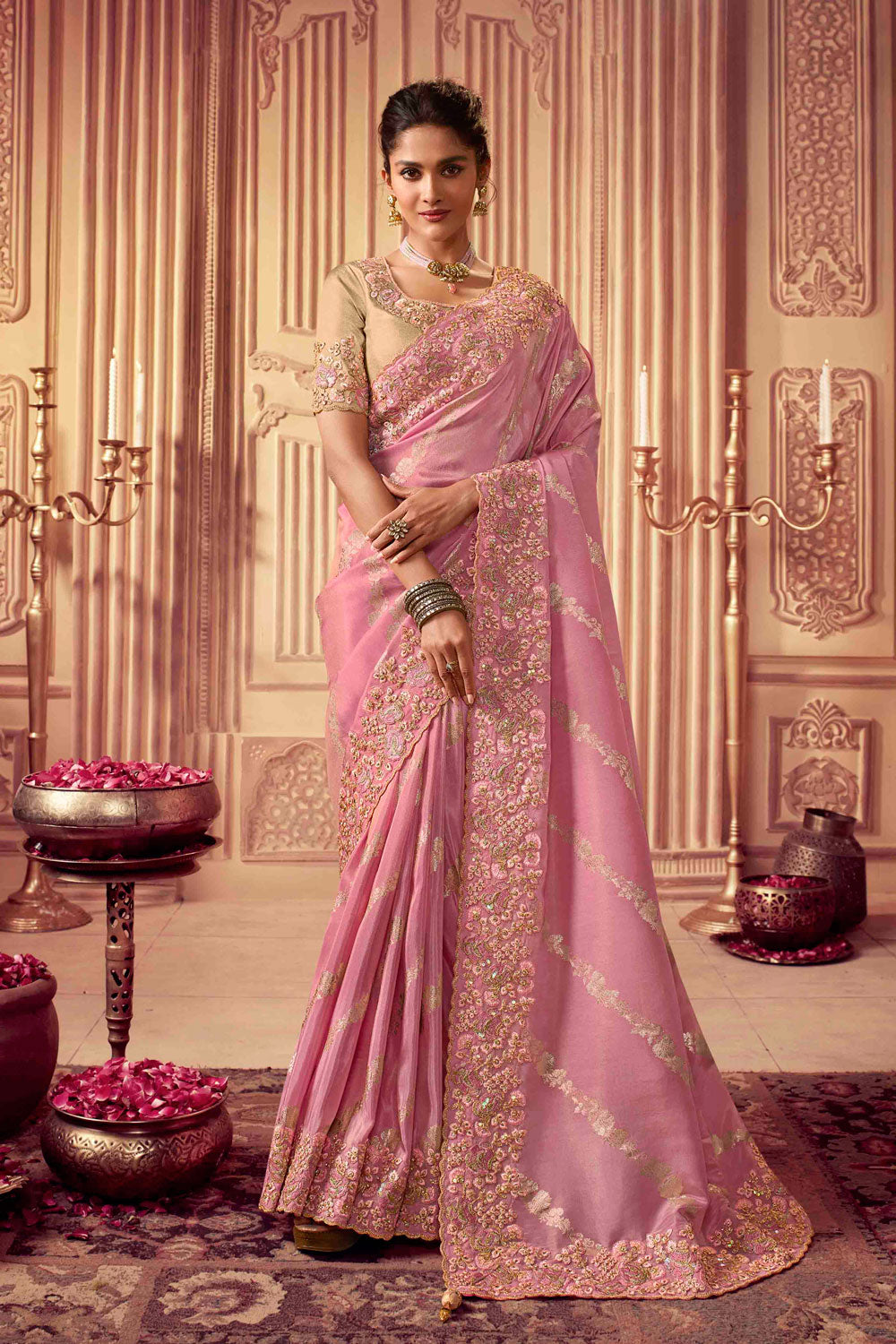 Baby Pink Viscose Art Silk Heavy Zari Embroidery Work Wedding saree