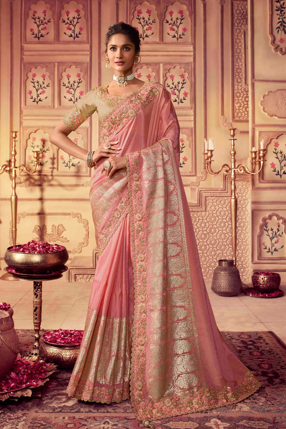 Baby Pink Viscose Silk Stone and Sequins Work Indian Wedding Wear Saree