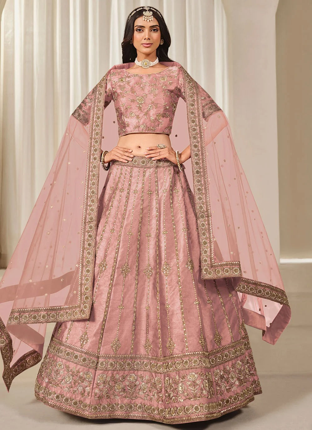 Baby Pink Art Silk Lehenga with Can Can & Embroidery
