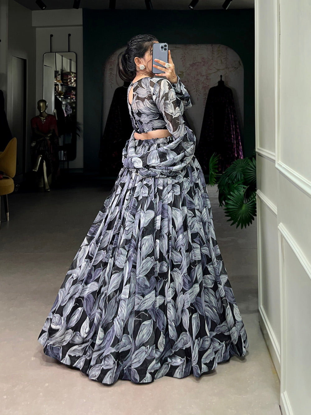 Black Color Printed With Hotfix Tubby Silk Lehenga Choli