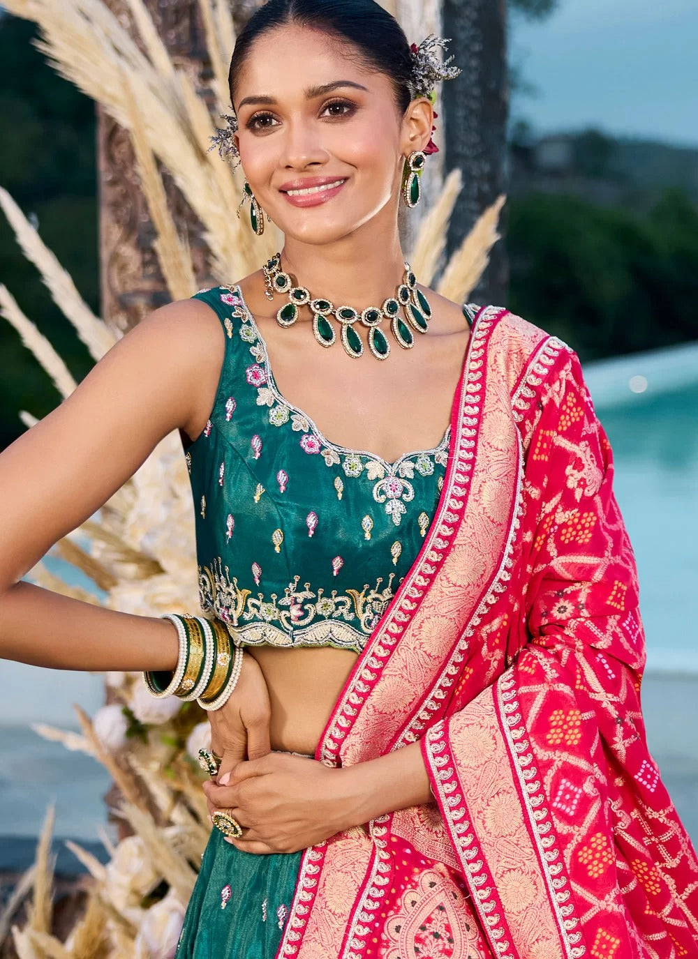 green cosmos silk lehenga with sequin & coding embroidery paired with red banarasi silk dupatta, perfect for marriage and wedding functions