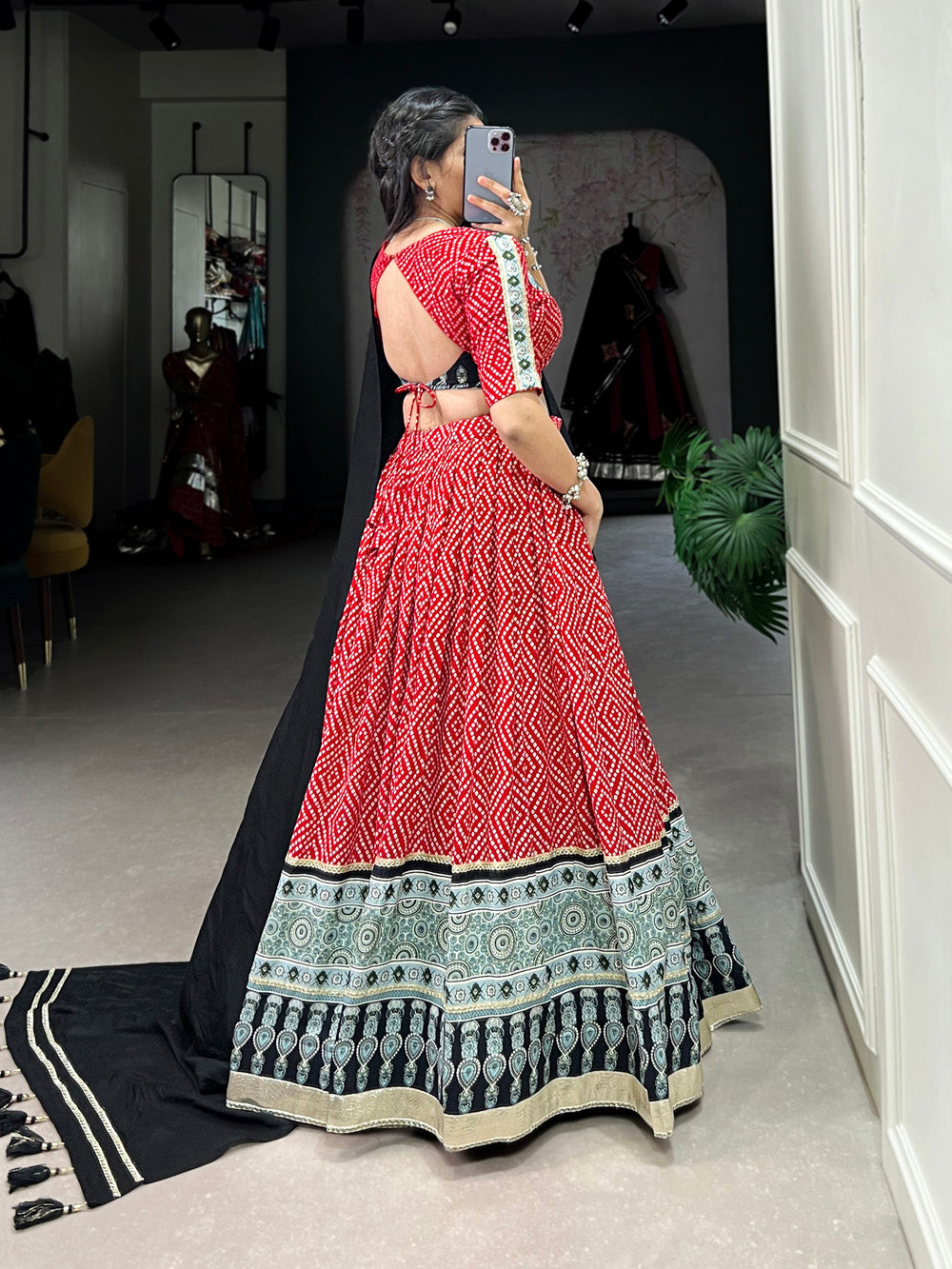 Red Color Bandhej And Ajarakh Print With Gota Lace Border Rayon Chaniya Choli