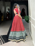 Red Color Bandhej And Ajarakh Print With Gota Lace Border Rayon Chaniya Choli
