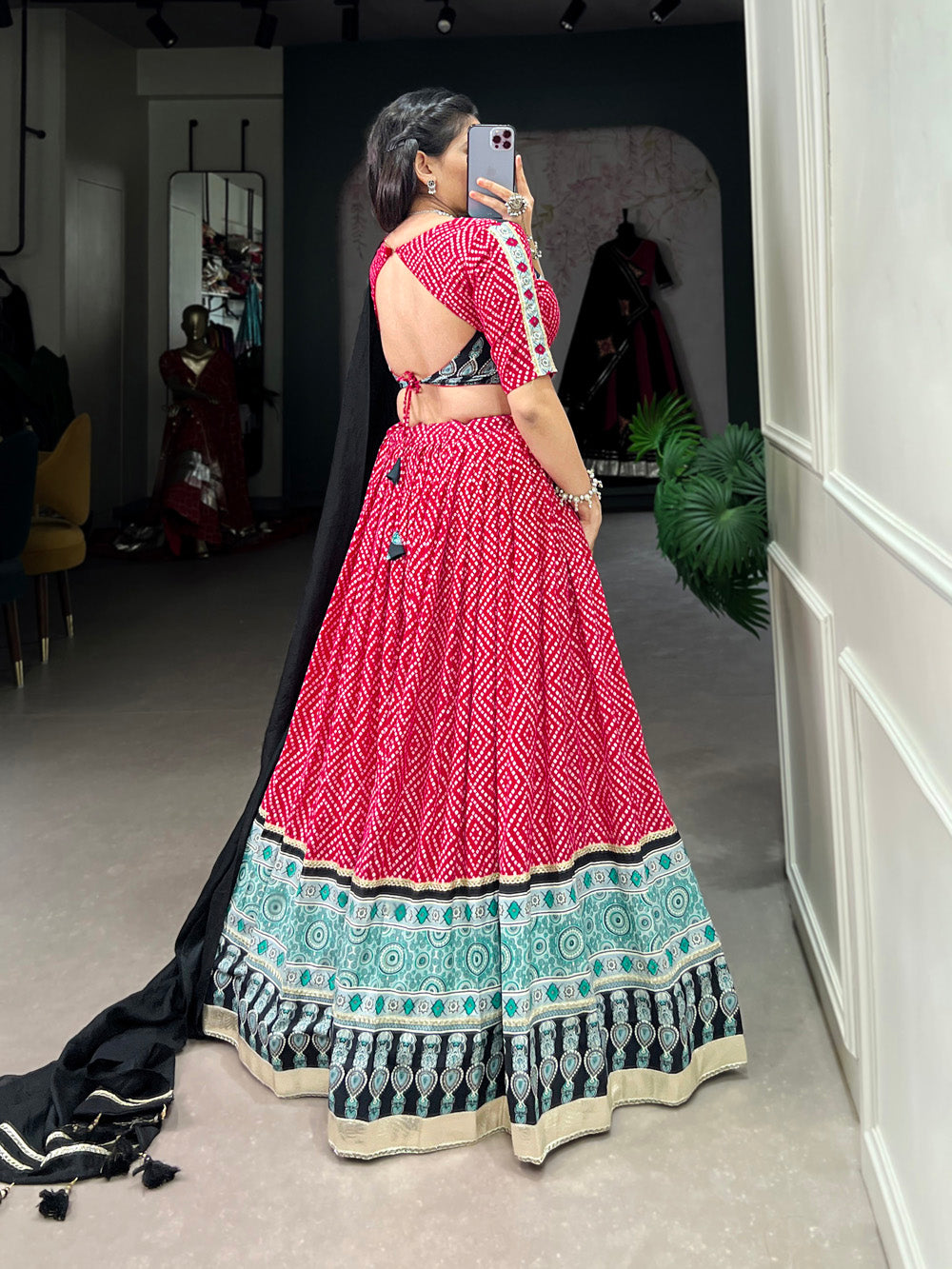 Pink Color Bandhej And Ajarakh Print With Gota Lace Border Rayon Chaniya Choli