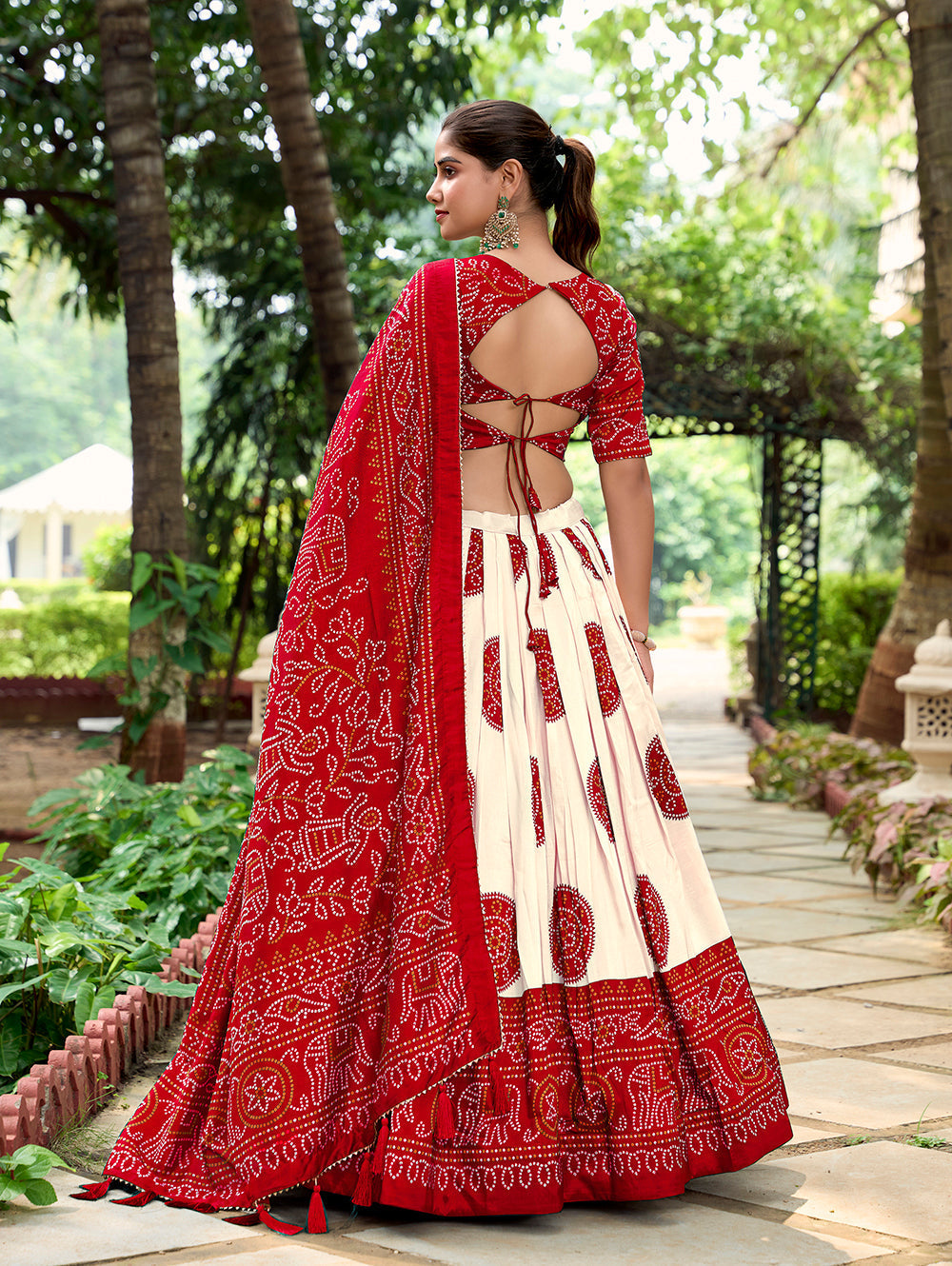 Red Color Bandhej Printed Tussar Silk Traditional Wear Lehenga Choli