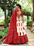 Red Color Bandhej Printed Tussar Silk Traditional Wear Lehenga Choli