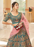 Beautiful Blue Digital Printed Organza Reception Wear Lehenga Choli