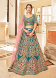 Beautiful Blue Digital Printed Organza Reception Wear Lehenga Choli