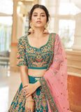 Beautiful Blue Digital Printed Organza Reception Wear Lehenga Choli