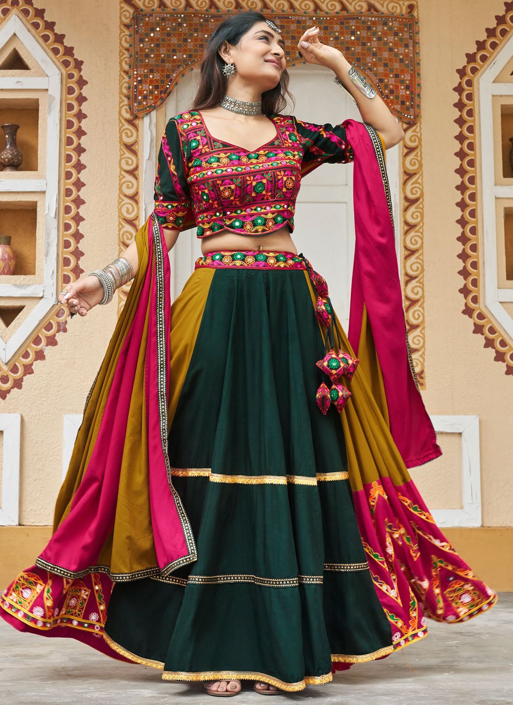 Beautiful Mustard Viscose Rayon Lehenga with Mirror Work for Navratri Online