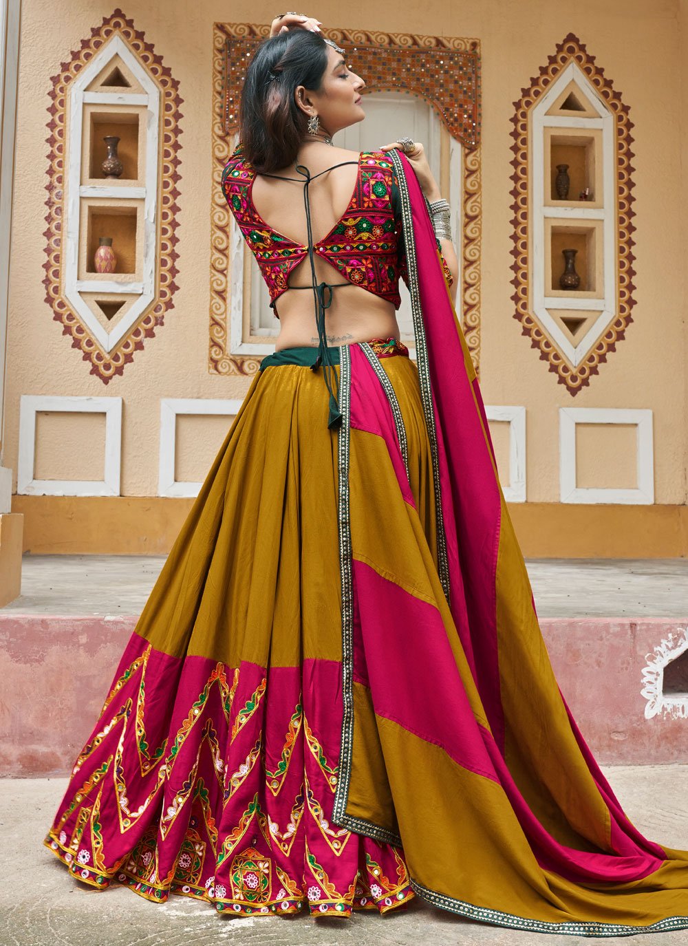 Beautiful Mustard Viscose Rayon Lehenga with Mirror Work for Navratri Online