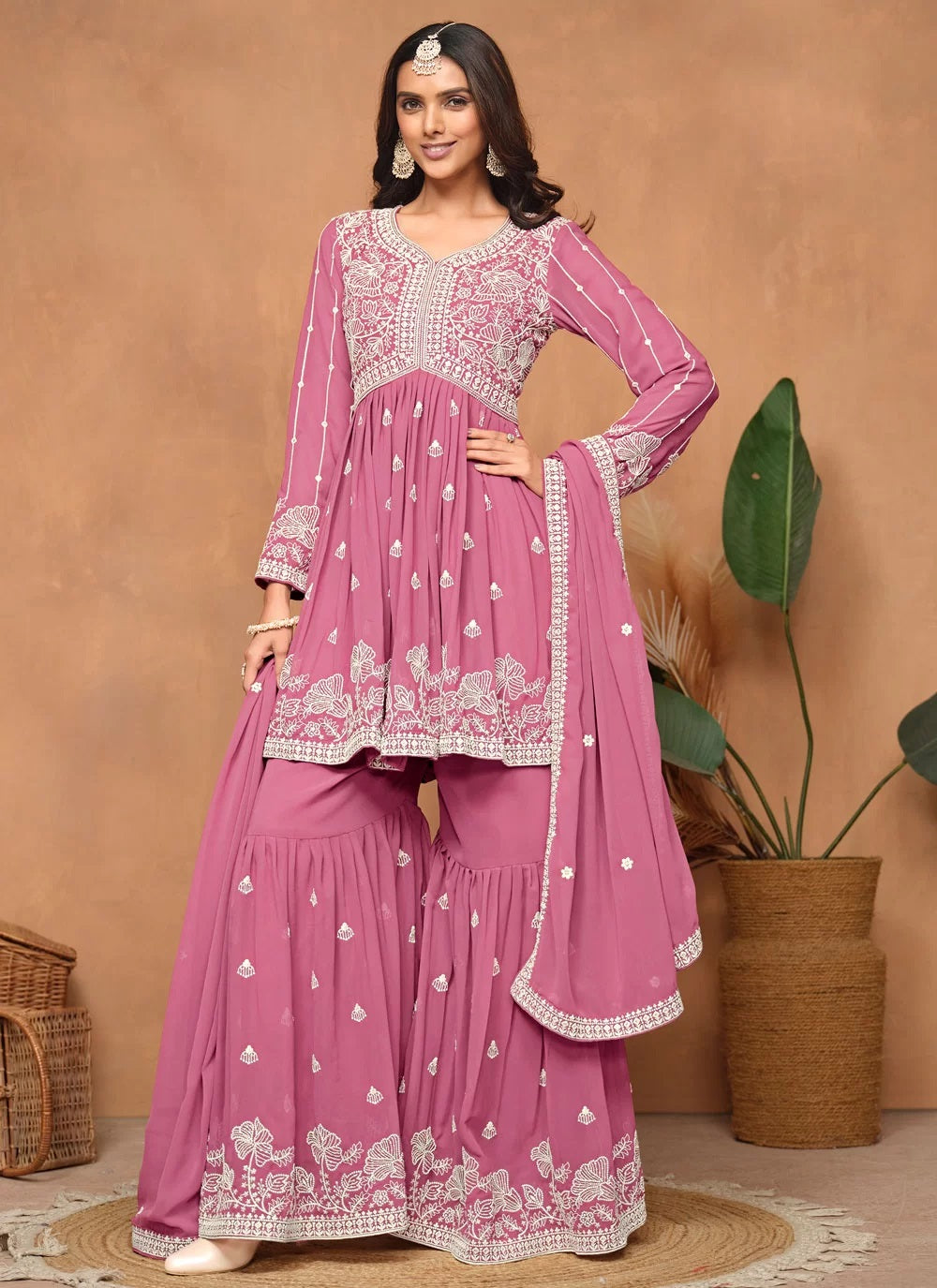 Beautiful Pink Faux Georgette Sharara Suit with Santool Inner