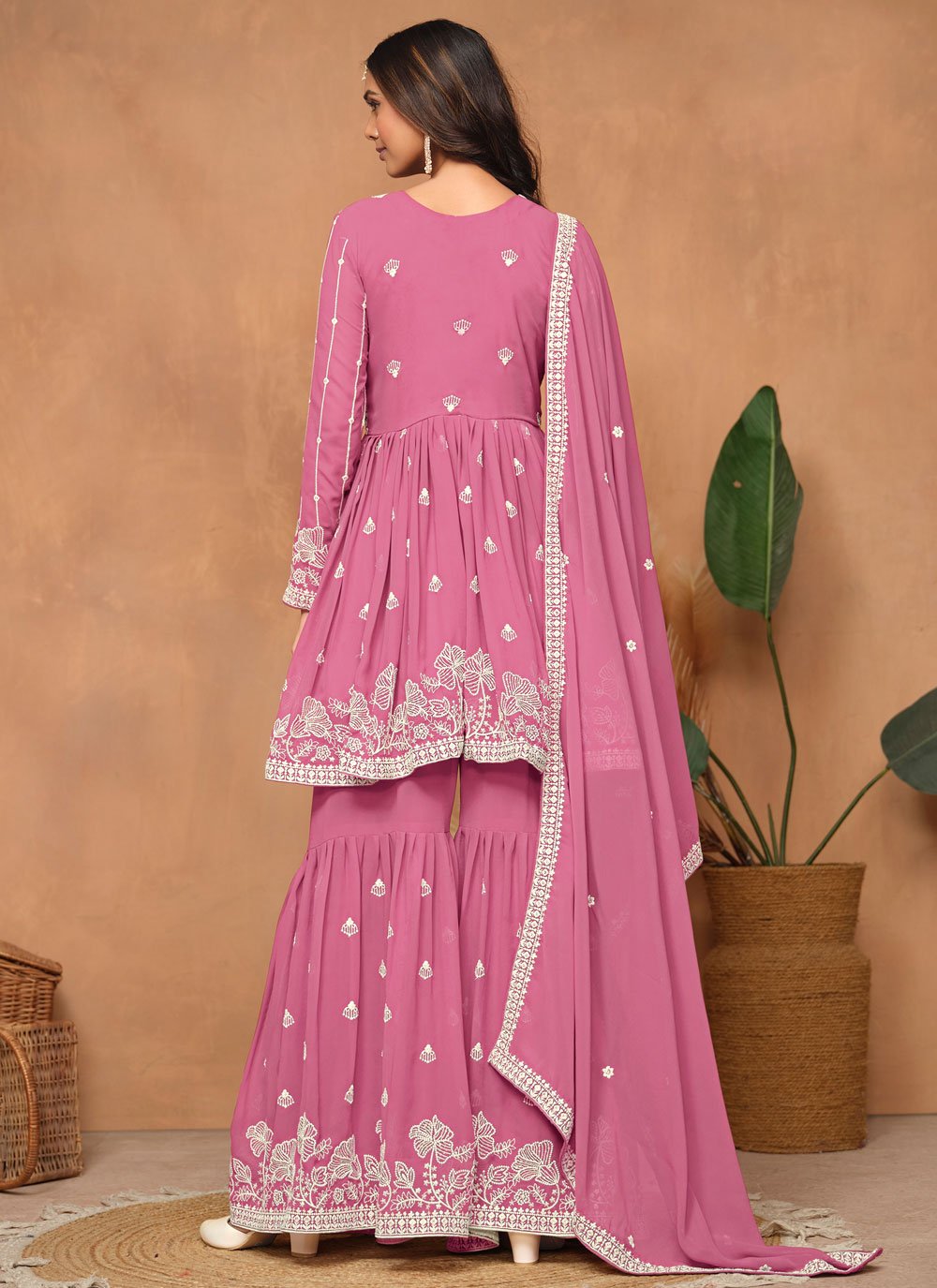 Beautiful Pink Faux Georgette Sharara Suit with Santool Inner