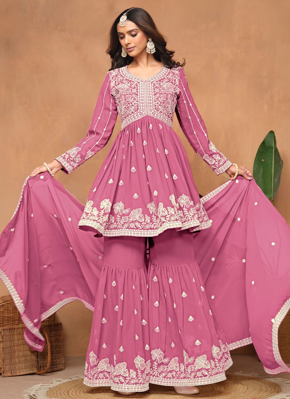 Beautiful Pink Faux Georgette Sharara Suit with Santool Inner