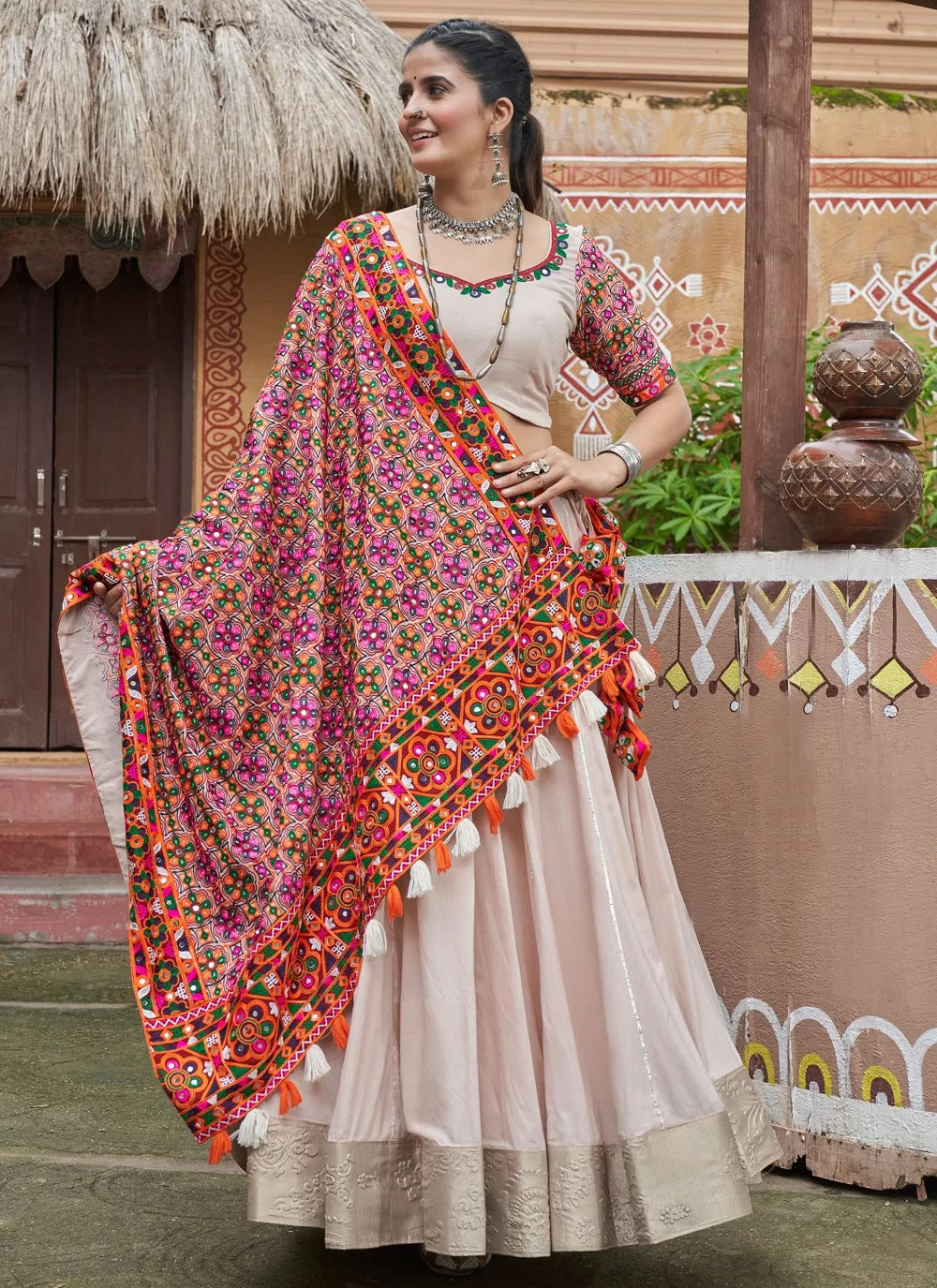 Beige Embroidered Viscose Rayon Mirror Work Designer Navratri Chaniya Choli