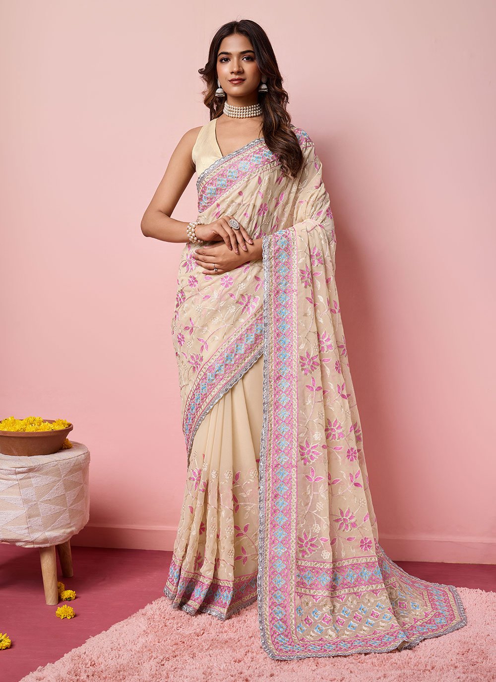 Beige Georgette Embroidered Trendy Saree