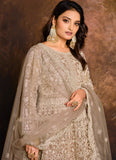 Beige Net Embroidered Floor Length Anarkali For Women