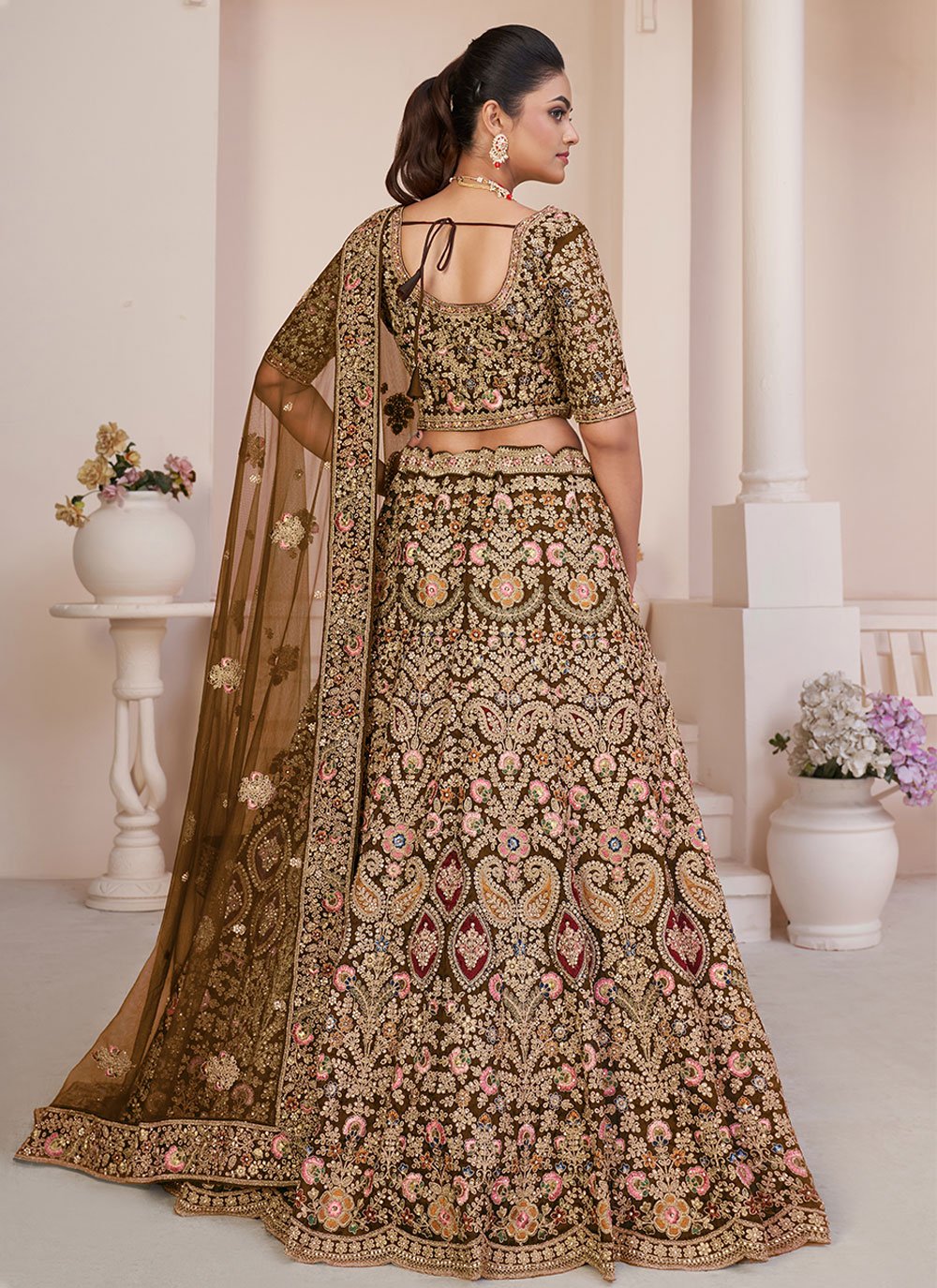 Beige Net Indian Engagement Lehenga With Stone and Sequins Work