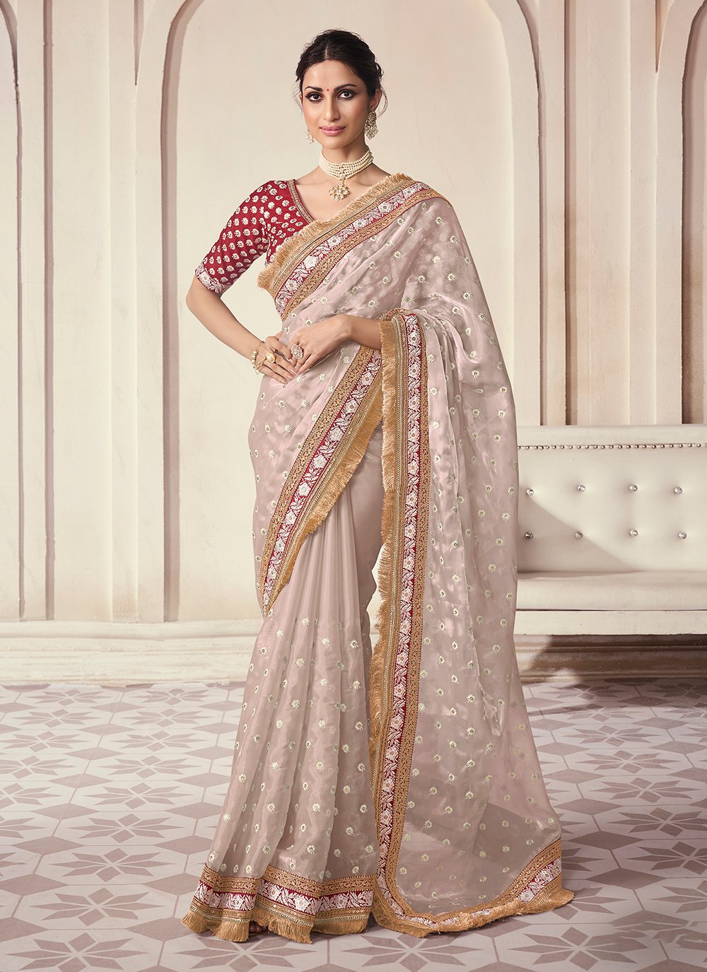 Beige Sequins Embroidered Party Wear Saree In Organza