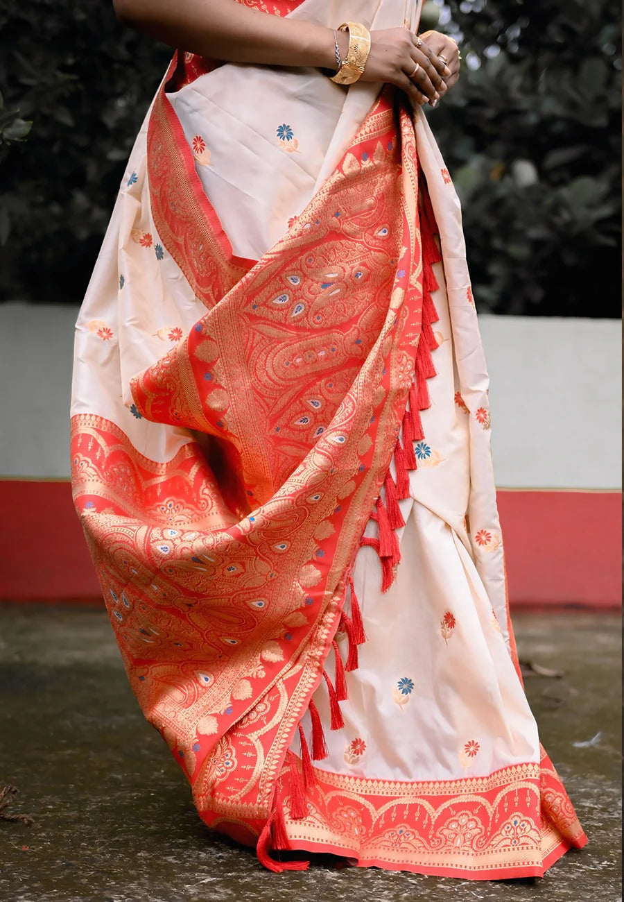 Bengali Festival Saree | White Red Soft Silk Meenakari Phool Work