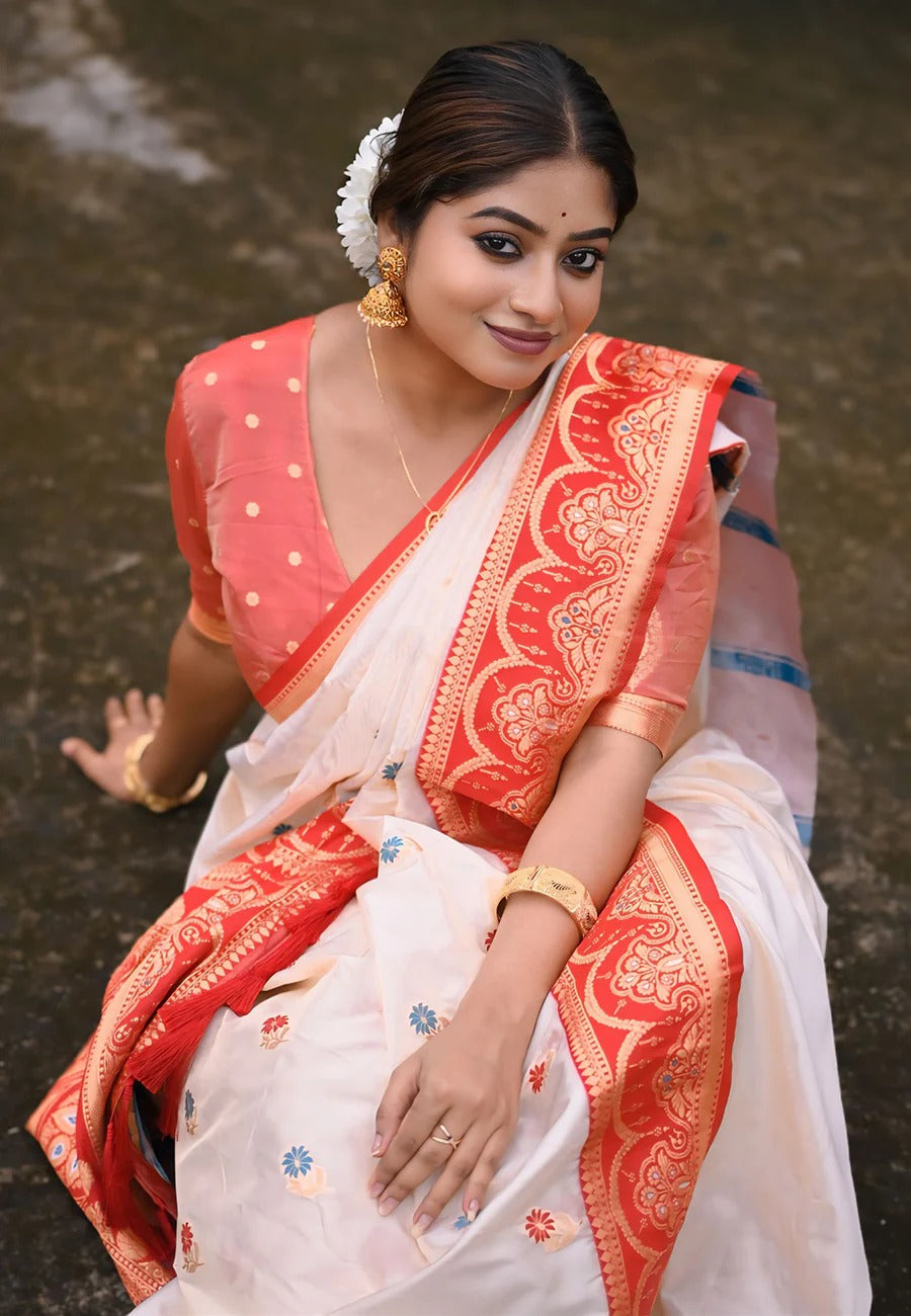Bengali Festival White Red Soft Silk Saree with Meenakari Phool Design