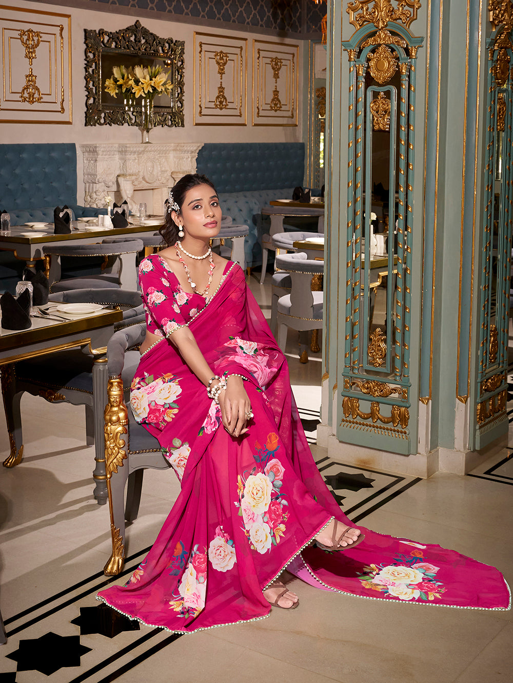 Pink festive saree with lace border